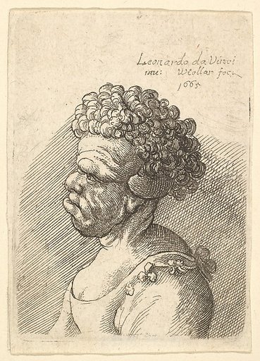 Bust of a deformed woman with curly hair in profile to the left