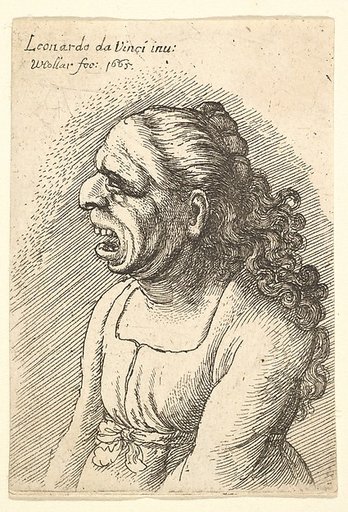Bust of woman with wide-open mouth and long curly hair falling over her shoulders, wearing low-cut dress with ribbon round her waist, in profile to left