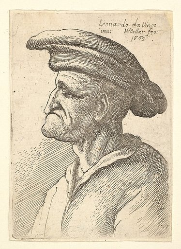 Bust of elderly man with nose that meets his lower  lip, wearing wide flat cap in profile to left