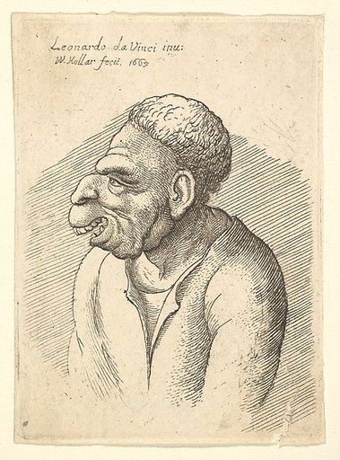 Bust of a man with hooked nose, prominent upper lip, open mouth and thick, short curly hair resembling wig in profile to left