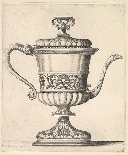 Jug with lid, engraved with arabesque pattern, the narrow spout to right ending in snake's head, handle to left.