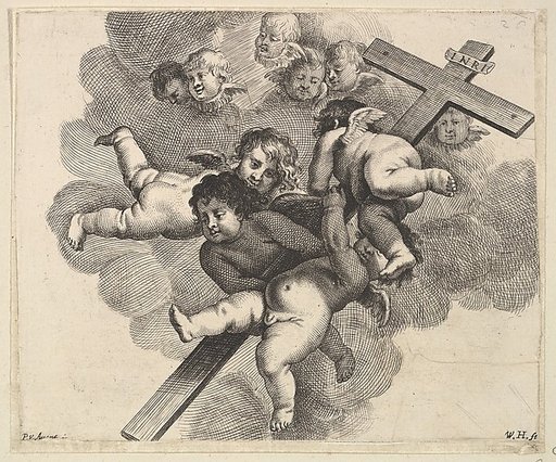 Four cherubs carrying a cross