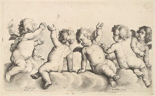 Three cherubs and two boys on clouds