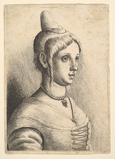 Young woman with a conical hat to right