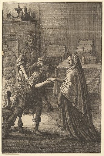 The soldier kissing the woman's hand (from John Ogilby, "Aesopics or a Second Colllection of Fables," 1668)