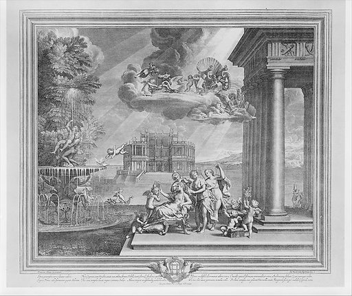 Plate 1: The Toilette of Venus; Venus reclining at center, gazing into a mirror held by Cupid, attendants fix her hair while a putto ties her sandal, above her chariot appears on a cloud; from "The Loves of Venus and Adonis"