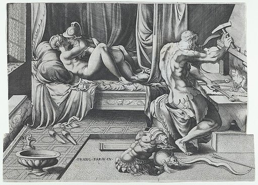 Venus and Mars Embracing as Vulcan Works at His Forge