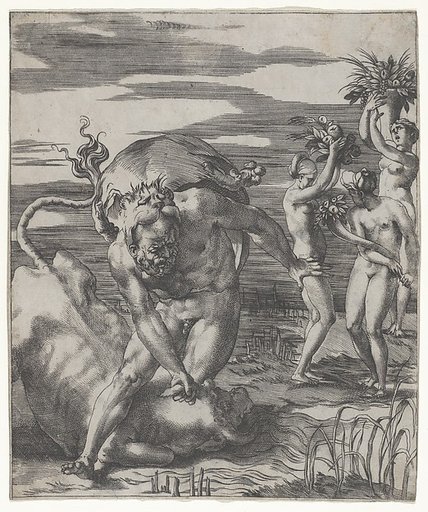 Hercules defeating the river god Acheolus in the form of a bull, with three women to his left holding cornucopias, from "Herculean Subjects"