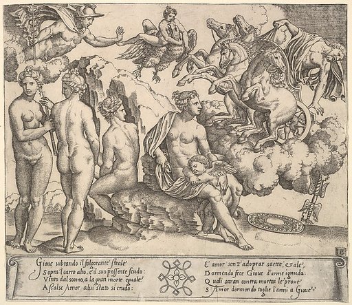Jupiter tumbling from a horse-drawn carriage at right, Ganymede riding Jupiter's eagle upper center, below Venus and to her right, the three Graces