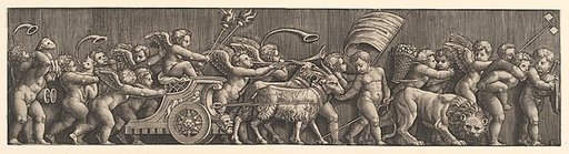 A frieze arrangement depcting the Triumph of Love; Cupid in a Chariot led by goats, many other putti filling the composition