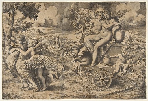 The triumph of Cupid and Psyche who are seated on a chariot drawn by two birds restrained by children