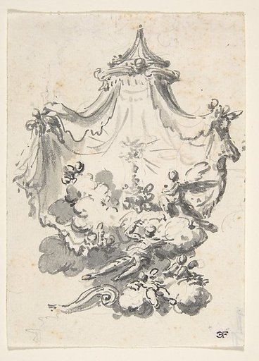 Parted Curtains Revealing Angels Upon Clouds Worshipping a Monstrance (Design for a Stage Set?)
