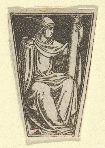 The cardinal virtue of Fortitude represented by a seated woman, her right hand on a column  (possibly a modern impression)