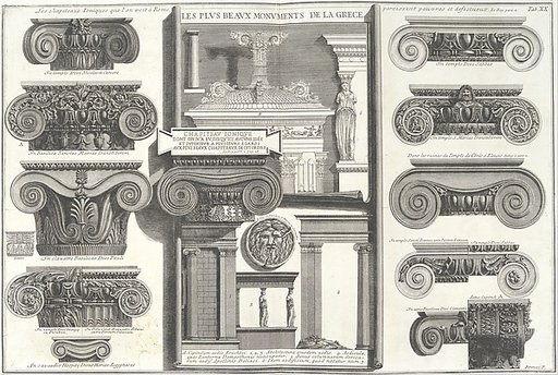 Various Roman Ionic capitals compared with Greek examples from Le Roy [S. Maria in Trastevere, S. Paoplo fuori le Mura, S. Clemente, etc.], tab. 20 from "Della Magnificenza e d'Architettura de'Romani" (On the Grandeur and the Architecture of the Romans by Gio. Battista Piranesi, Fellow of the Royal 
