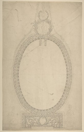 Design for a Girandole Mirror, an Oval Resting on an Oblong Base, Terminated by Two Superimposed Circular Frond-motifs, Topped with a Lion's Head from Which Hang Floral Swags and Pendants