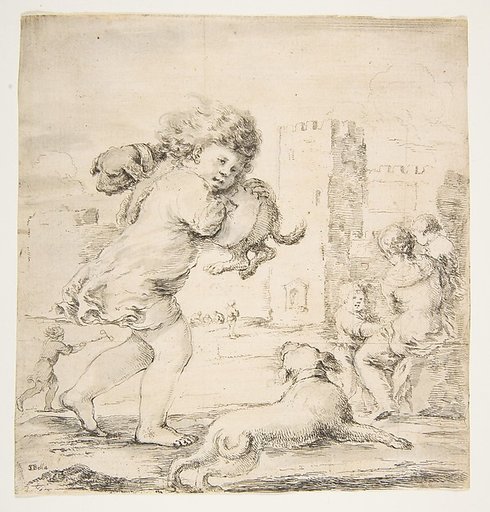 Child Carrying a Puppy on his Shoulder