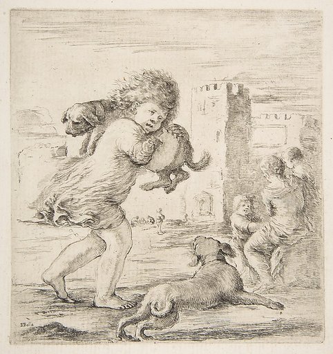 Child Carrying a Puppy on his Shoulder