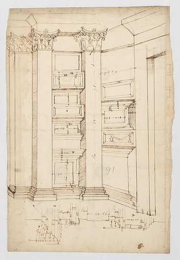 Pantheon, vestibule, perspective; panel moulding, profiles (recto) Pantheon, rectangular niche, plan; half round niche, plan (verso)