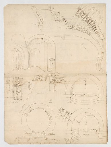 Pantheon, dome, section details; alcove, section and details (recto) Pantheon, rotonda, upper order, elevation and details (verso)