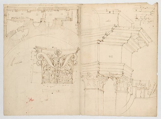 Pantheon, perspective elevation, partial plans, Corinthian pilaster capital and alcove details (recto) Pantheon, perspective sections, alcove elevations, partial plans (verso)