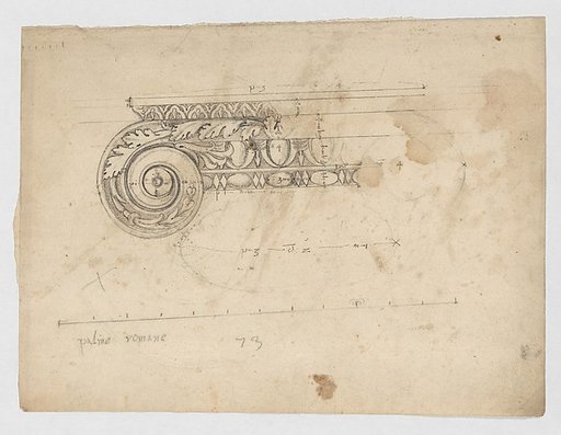 S. Maria in Trastevere, Ionic capital, volute, side elevation (recto) Unidentified, Ionic capital volute, construction diagram (verso)