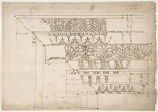Domus Augustiana, cornice, elevation in profile, ornamental detailing (recto) Unidentified, cornice, elevation in profile, ornamental detailing (verso)