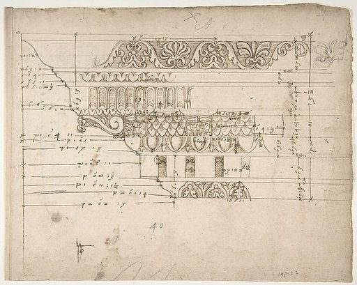Arch of Camigliano, cornice, elevation in profile, ornamental detailing (recto) Unidentified, Doric capital; Arch of Camigliano, cornice, profile, sketch (verso)