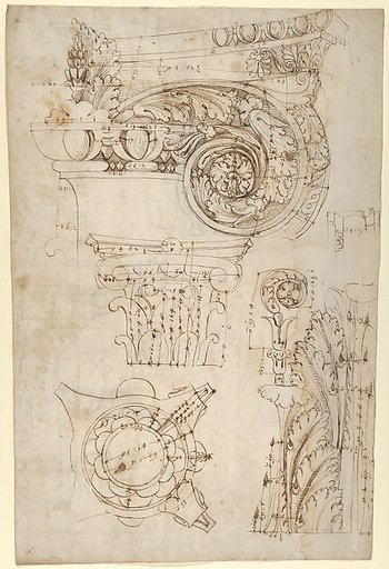 Composite capital, plan, elevation, and details; frieze, detail (recto) Forum of Nerva, entablature and attic, profiles; portico, perspective, and cornice, profile (verso)