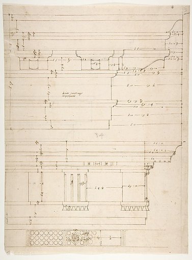 Unidentified, Doric cornice, elevation; Theater of Marcellus, Doric cornice, elevation (recto) Unidentified, cornice, elevation (verso)