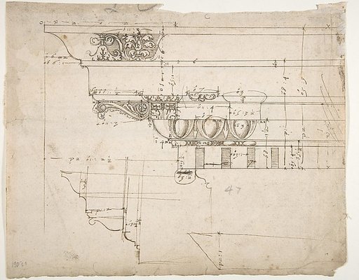 Arco dei Pantani, Forum of Augustus, cornice, elevation; schematic elevation (recto) Temple of Apollo Sosiano, column base, elevation (verso)