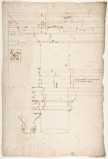 Portico at the Porta Carmentalis, Tuscan capital and entablature, elevation; pier, section, detail (recto) S. Prassede, Quadriportico, Doric capital, elevation; Palazzo Massimo alle Colonne, column shaft, profile (verso)