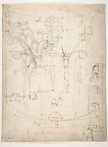 Unidentified Corinthian capital, elevation, section, and ceiling plan (recto) blank (verso)