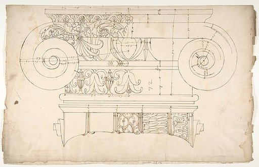 Unidentified, Ionic capital, elevation, front and side (recto) Unidentifed, Ionic capital, section, detail; Ionic capital, elevation, detail  (verso)