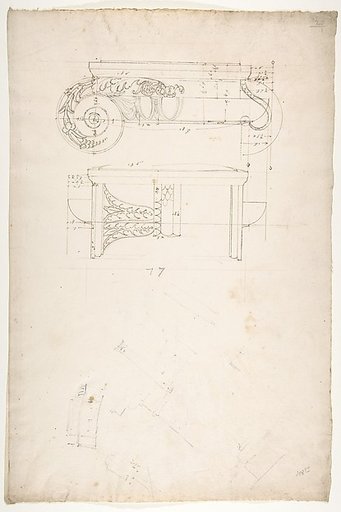 Unidentified, Ionic capital, front and side elevations with small studies (recto) calculation notes (verso)