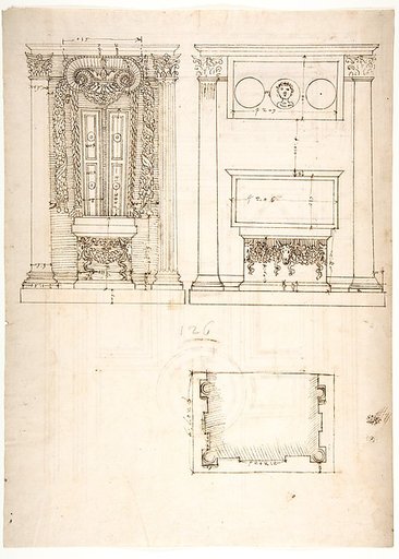 Unidentified, funerary altar, plan and elevations (recto) S. Giovanni Laterano, Oratorio della Santa Croce, paneling, elevation (verso)