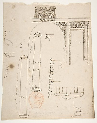 S. Costanza, drum, interior, elevation; column shafts, profiles; narthex, section; stair, detail plan (recto) stair, plans; window, elevation (verso)