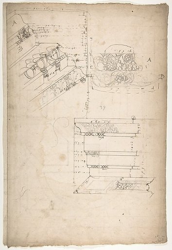 Unidentified, cornice, projection; architrave, projection (recto) Unidentified, ceiling, plan (verso)