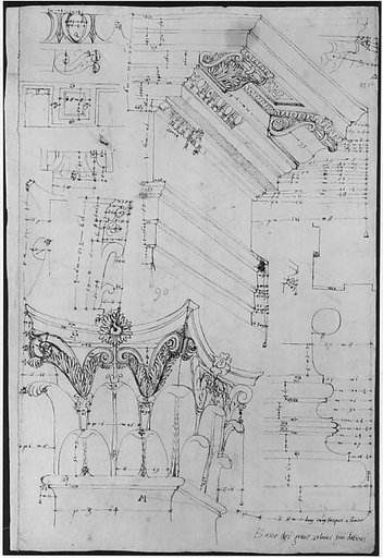 Pantheon, entablature and column pilaster capital, projection; rosette, details; capital profile; base, profile; pilaster, plan (recto) Pantheon, rectangular niche, perspective (verso)
