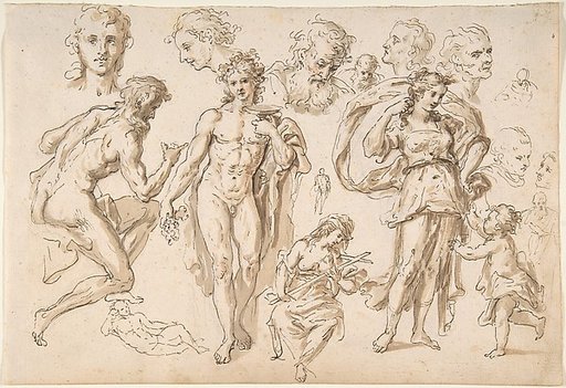 Figure and head-studies (including Bacchus) (recto); four main figure studies repeated from the recto (verso)