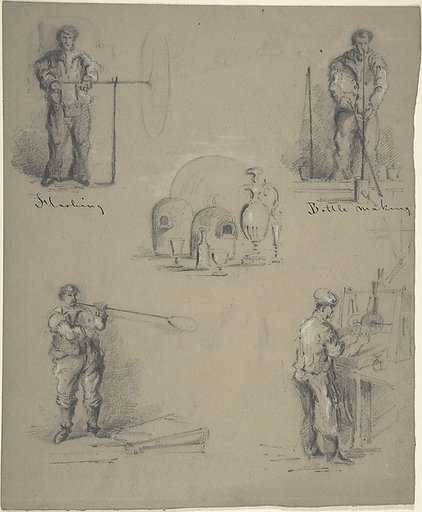 Five images showing the processes of manufacturing glass