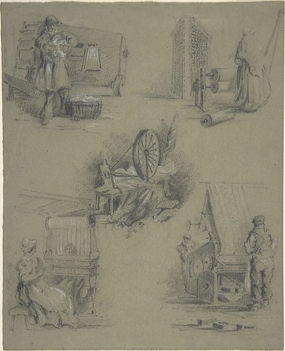 Five drawings showing processes of weaving and spinning