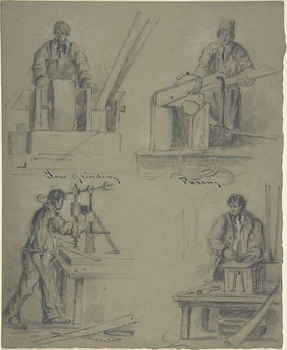 Four drawings showing the manufacture of saws