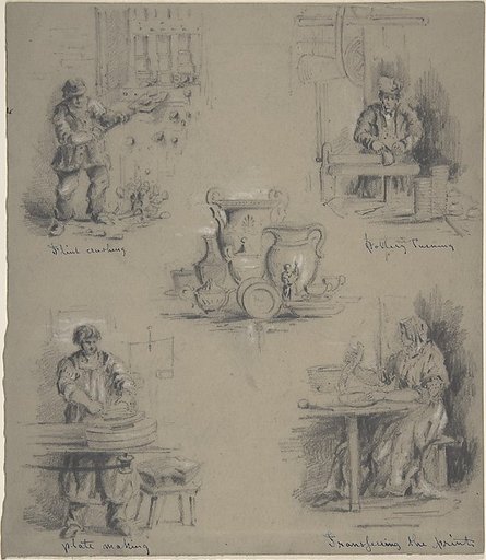 Five drawings showing the manufacture of china