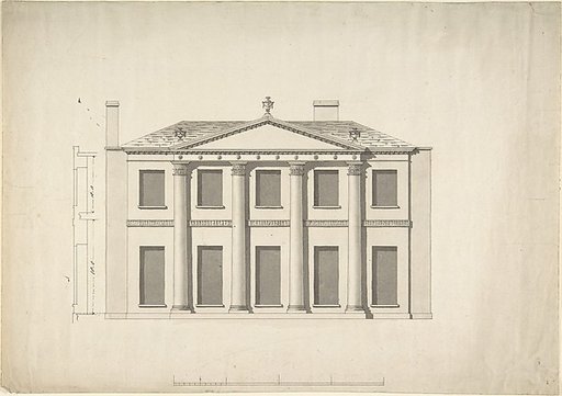 Design for a Building Façade of Two Storeys and Five Bays, with a Pediment and an Adamesque Portico, Elevation and Wall Plan