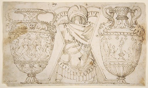 Ornamental Design with Amphore and Antique Style Armor (recto); Sketch with Two Figures (verso)