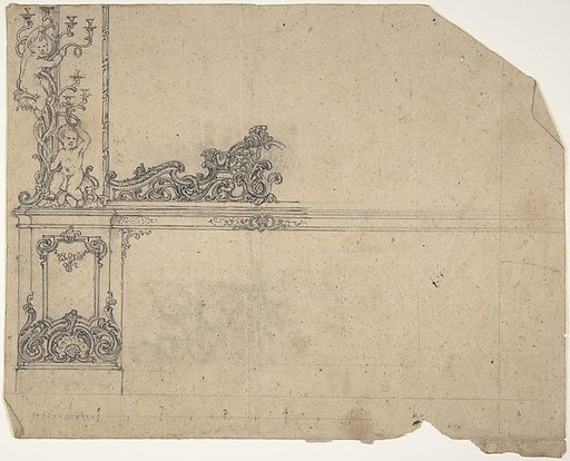 Design for left-hand side of a side-board, framed by sconces with putti