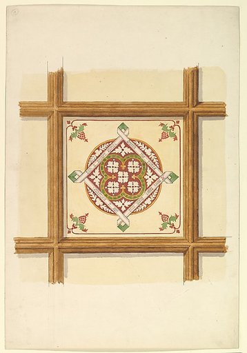 Design for a Coffered and Painted Ceiling in Rust and Olive Green, with a Quatrefoil Motif