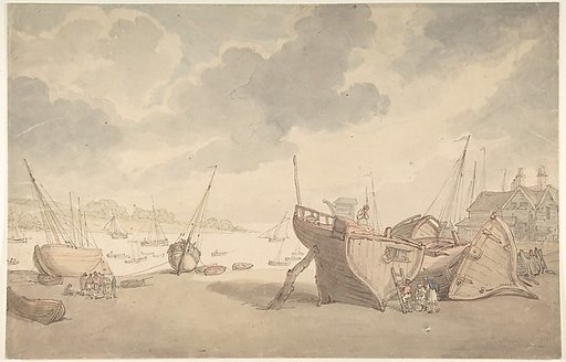 Harbor scene with the tide out, and beached boats