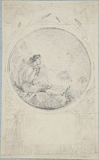 Seated man in circular medallion (design for a book illustration)