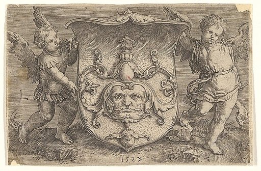 Coat of Arms with a Mask, Held by Two Genii